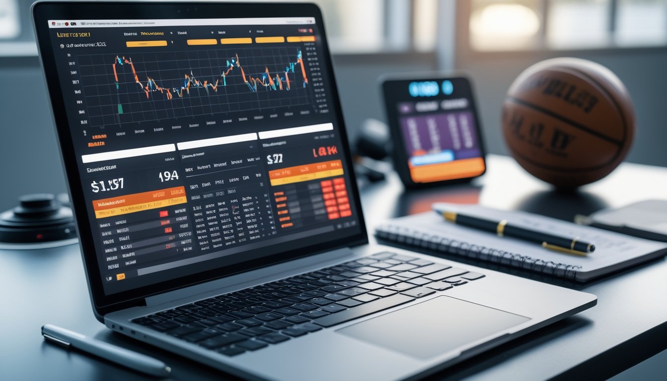 Sebuah ruang kerja dengan laptop yang menampilkan statistik dan peluang taruhan bola basket NBA, sebuah bola basket di latar belakang, dan alat tulis di meja.