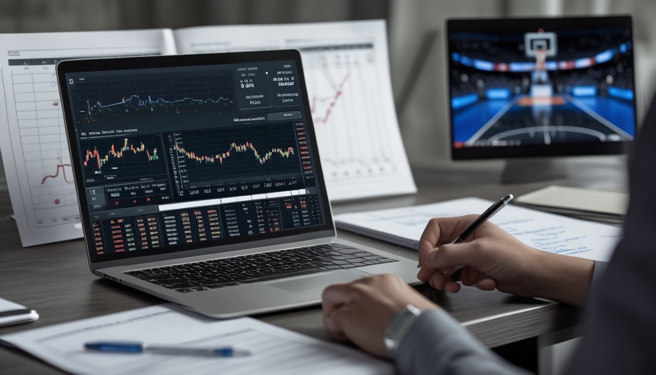 Meja kerja dengan laptop yang menampilkan statistik dan grafik taruhan basket NBA, dilengkapi dengan catatan dan alat tulis.
