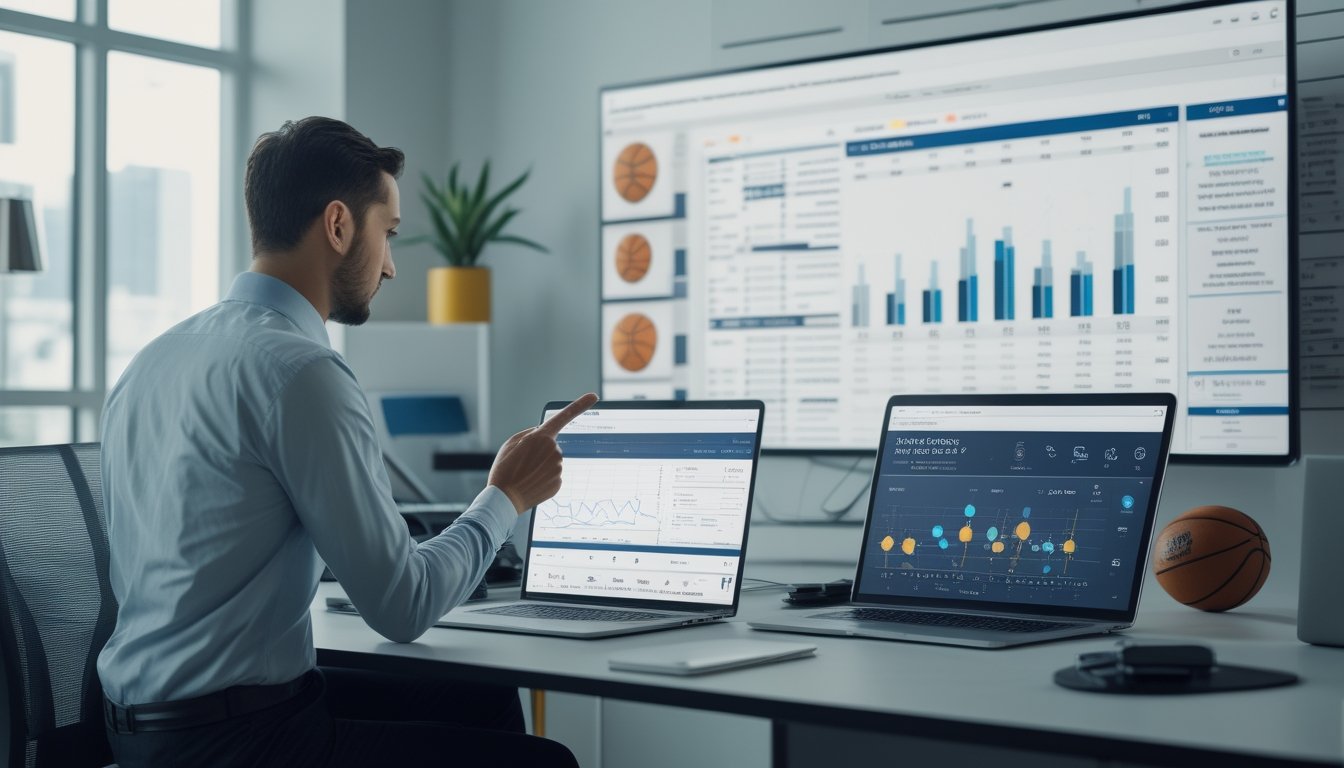 Seorang pria sedang menganalisis statistik tim NBA di meja kerja dengan laptop dan tablet yang menampilkan grafik dan data taruhan.