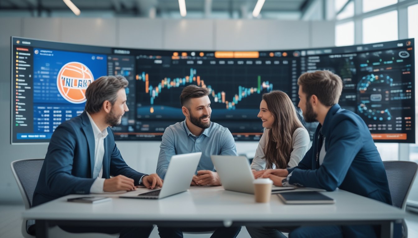 Tiga orang sedang berdiskusi serius di kantor dengan layar besar yang menampilkan statistik dan data taruhan handicap NBA.