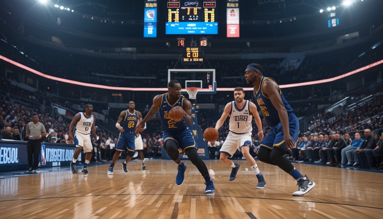 Pertandingan bola basket NBA yang intens di arena besar dengan pemain sedang beraksi dan penonton antusias.
