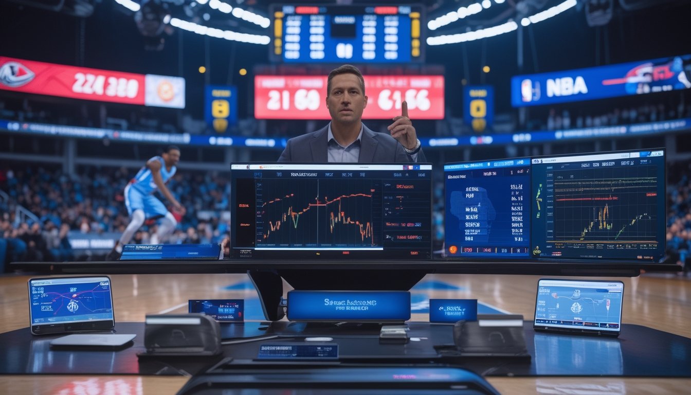 Seorang analis olahraga sedang memeriksa statistik dan prediksi handicap NBA dengan latar belakang pertandingan basket NBA yang sedang berlangsung.
