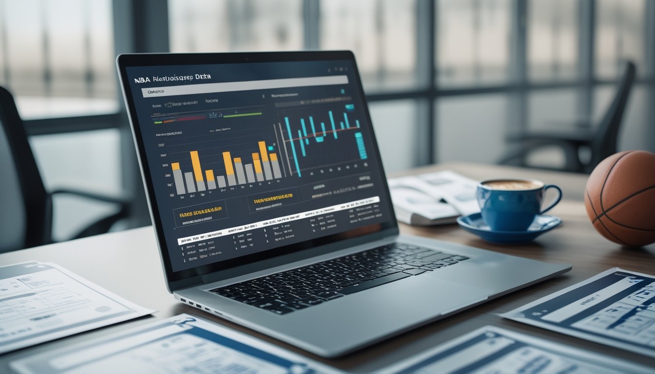 Sebuah ruang kerja modern dengan laptop yang menampilkan statistik dan grafik pertandingan NBA, bola basket di samping, dan latar belakang lapangan basket yang samar terlihat melalui jendela besar.