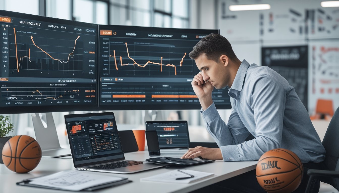 Seorang pria di ruang kerja modern sedang menganalisis data statistik NBA di komputer dengan bola basket di meja.