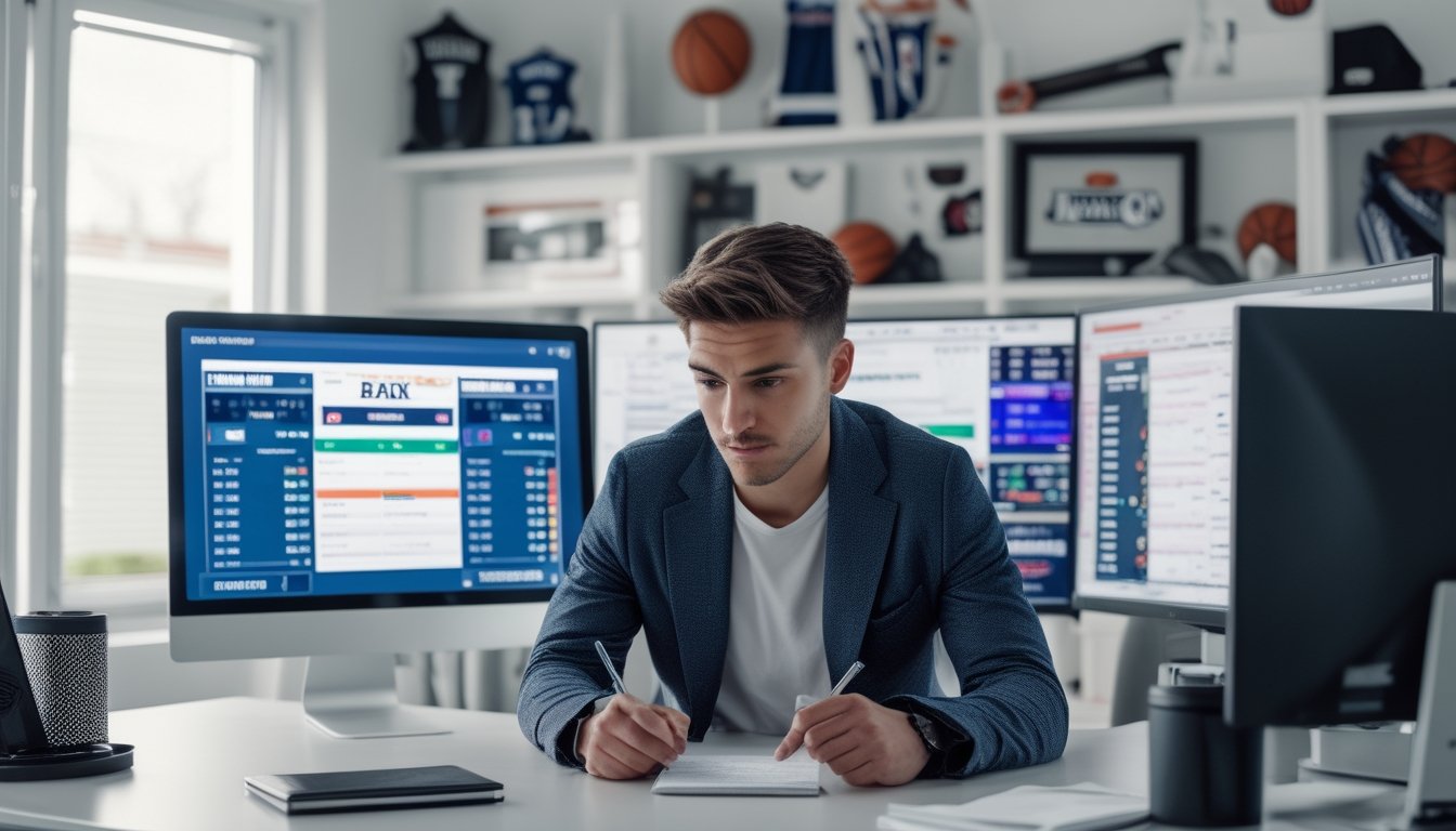 Seorang pria muda duduk di meja dengan beberapa layar menampilkan pertandingan NBA dan peluang taruhan, sedang mencatat dan fokus menganalisis data.