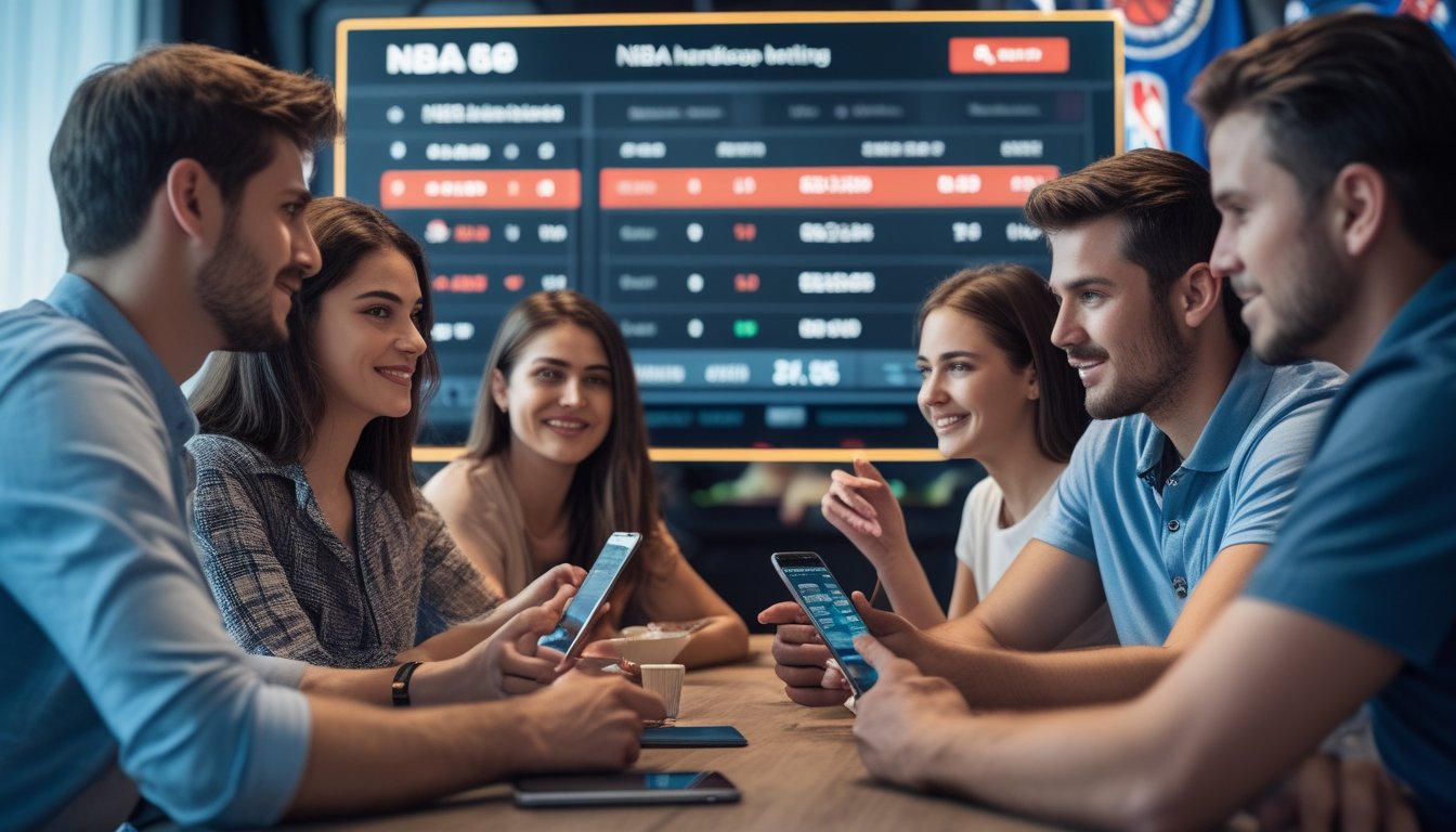 Sekelompok orang muda berkumpul di depan layar digital yang menampilkan statistik dan peluang taruhan basket NBA, terlihat serius dan antusias berdiskusi strategi taruhan.