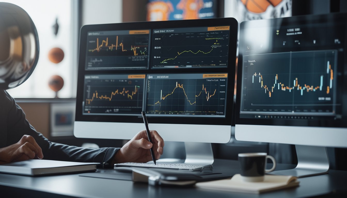 Seorang analis olahraga sedang melihat data taruhan handicap NBA di beberapa layar komputer di sebuah kantor modern.