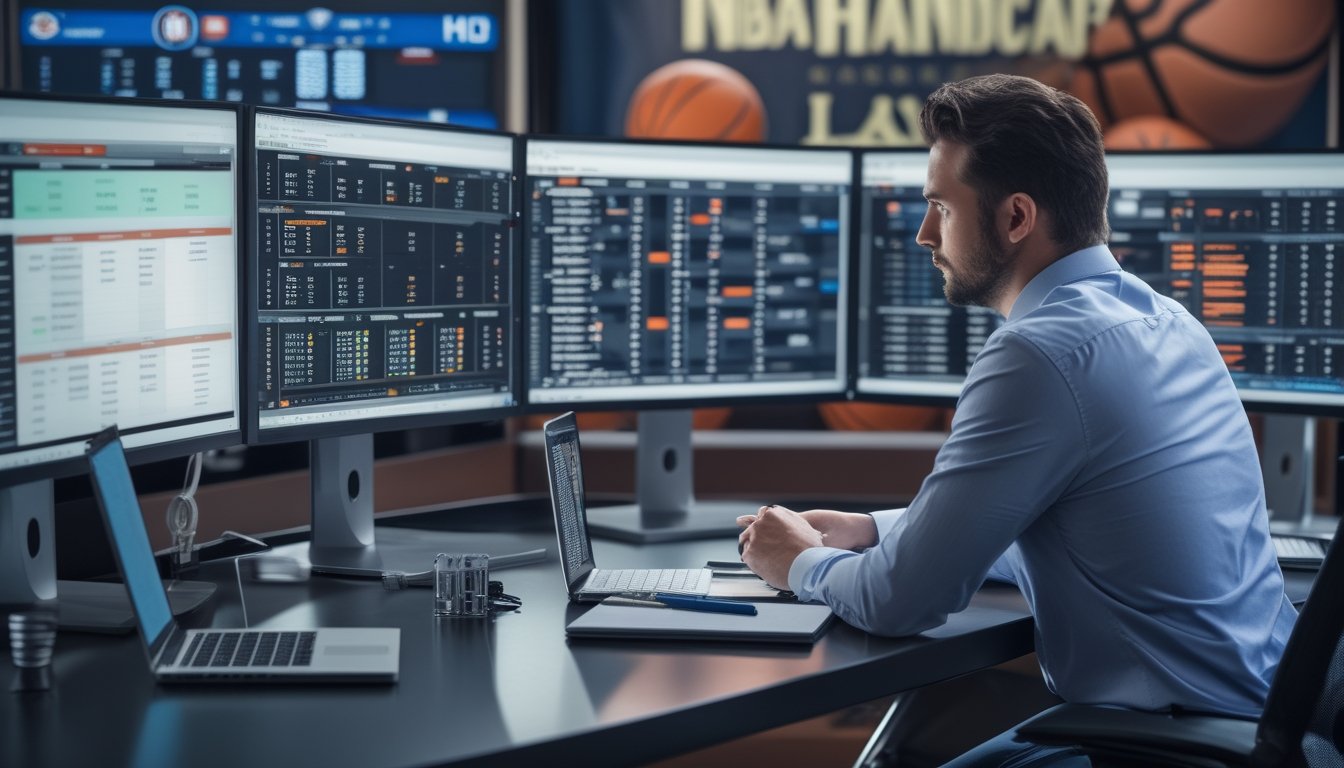 Seorang analis olahraga sedang bekerja dengan beberapa layar menampilkan pertandingan NBA dan data taruhan handicap di sebuah ruang kerja modern.