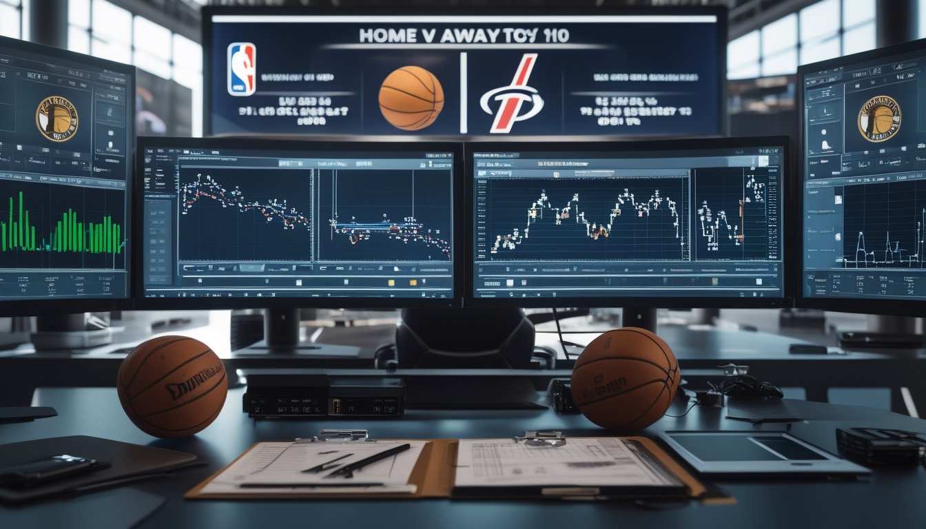 Seorang analis olahraga sedang bekerja dengan beberapa monitor yang menampilkan statistik dan grafik pertandingan NBA, dengan bola basket dan peralatan analisis di meja.