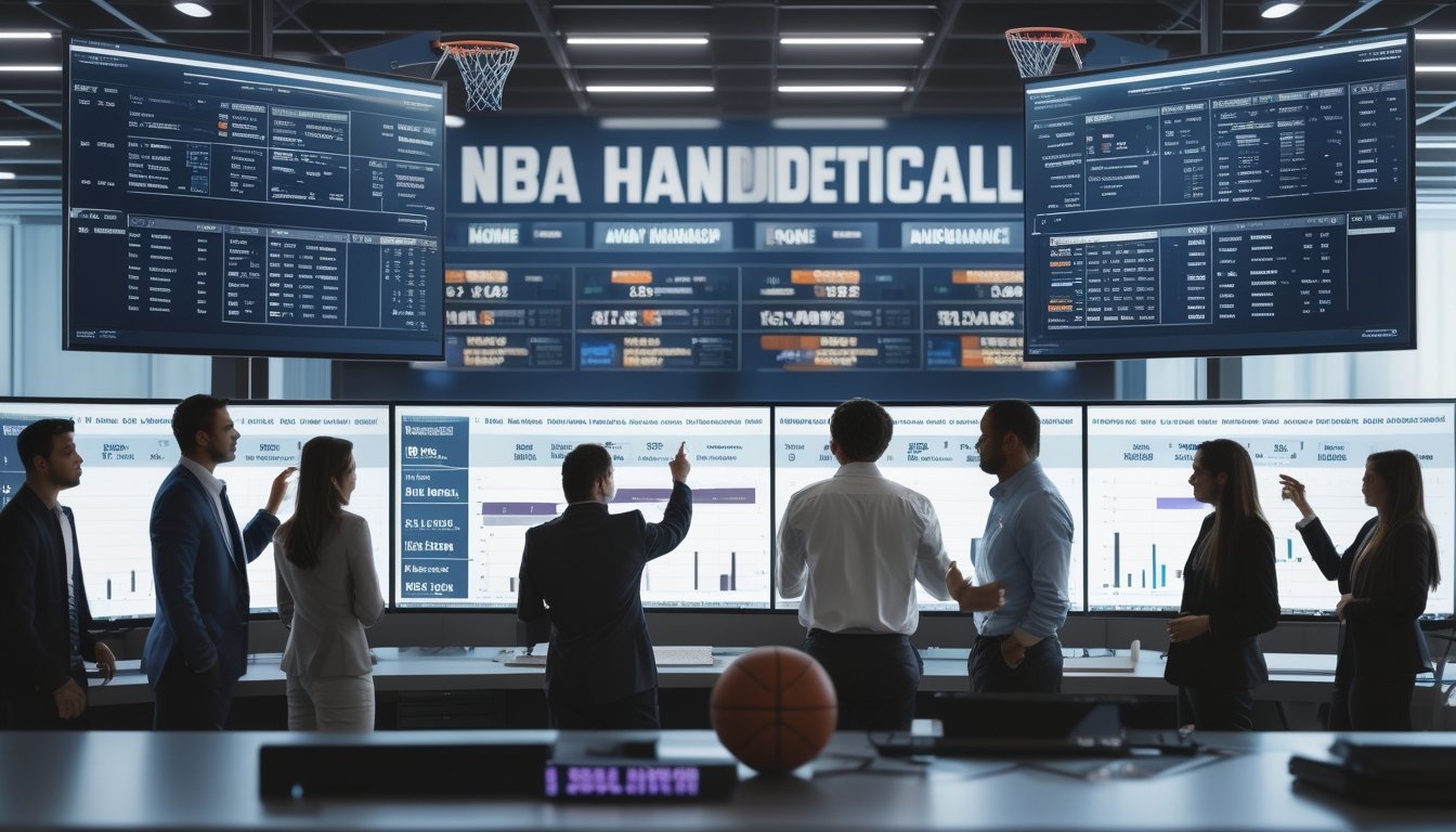 Seorang tim analis sedang bekerja dengan komputer yang menampilkan statistik dan grafik terkait performa kandang dan tandang dalam pertandingan bola basket NBA.