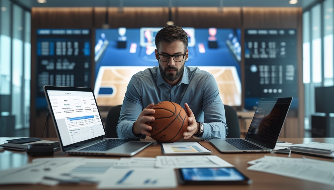 Seorang pria serius sedang menganalisis peluang taruhan handicap basket NBA di beberapa perangkat digital di sebuah kantor modern.