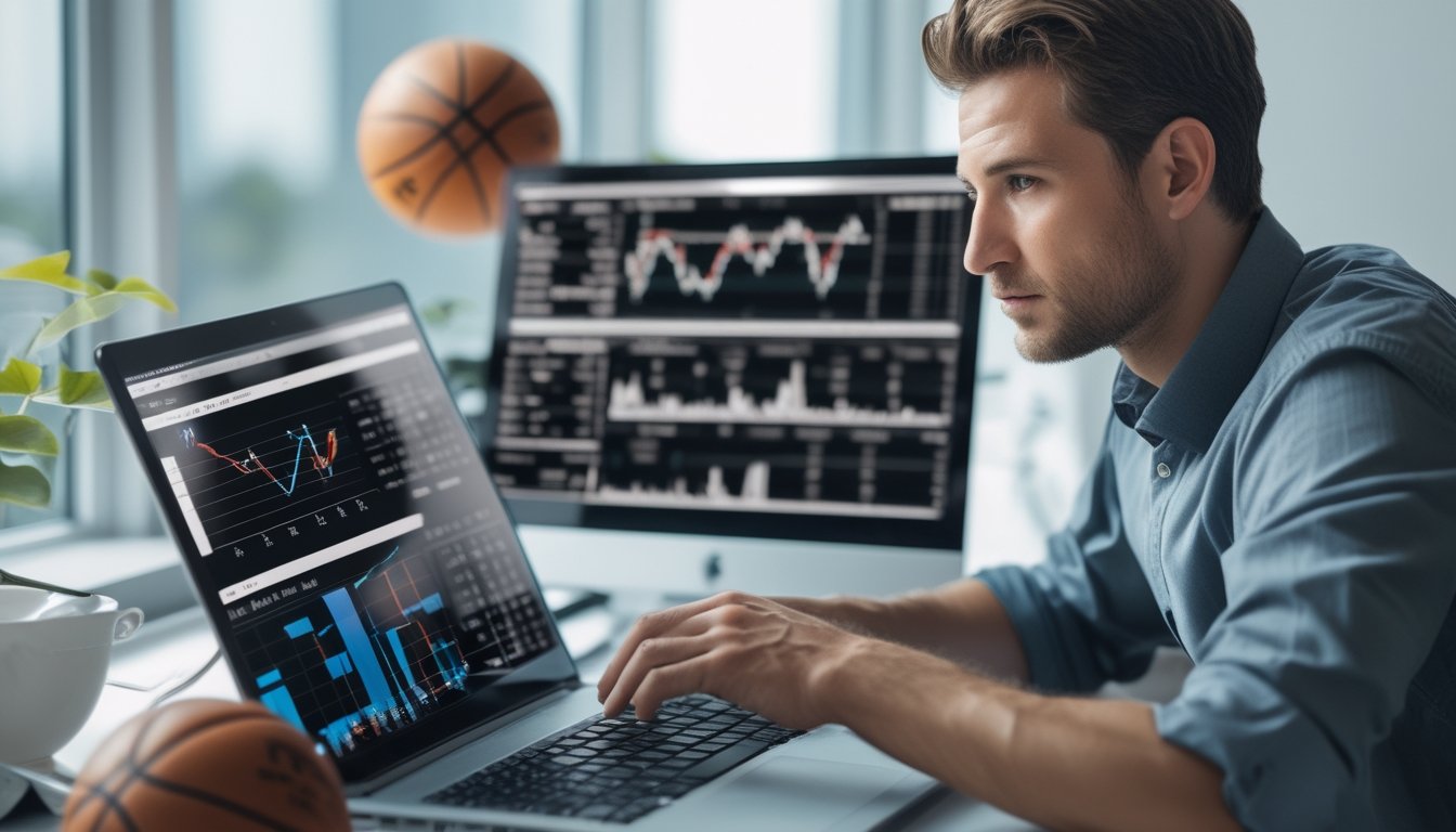 Seorang pria sedang menganalisis data taruhan basket NBA di depan laptop dan beberapa layar komputer di ruang kerja modern dengan bola basket di atas meja.
