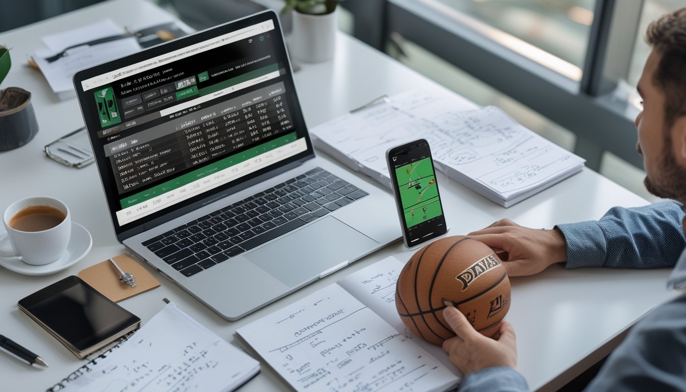 Seorang profesional sedang bekerja dengan laptop, catatan, dan ponsel yang menampilkan statistik dan pertandingan NBA di sebuah kantor yang terang dan rapi.