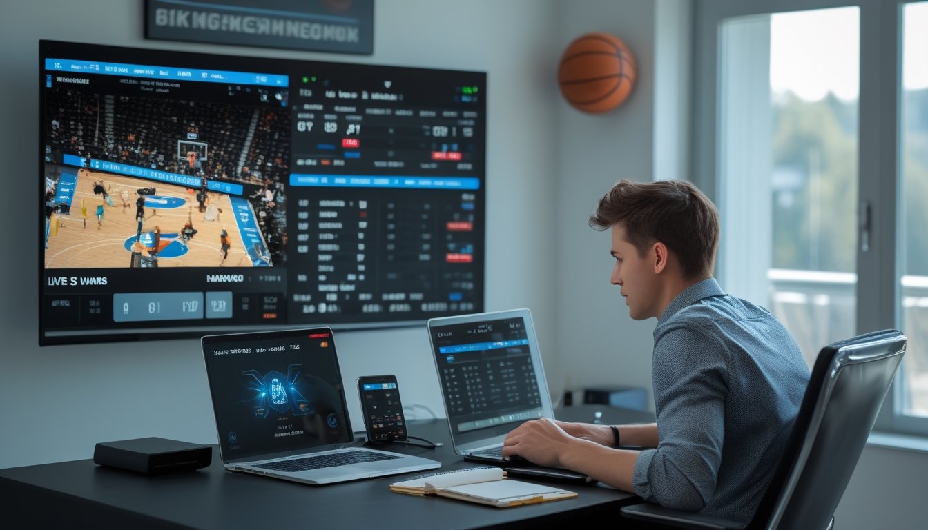 Seorang pria muda sedang menganalisis statistik pertandingan NBA secara langsung di depan beberapa layar digital dalam ruangan modern.