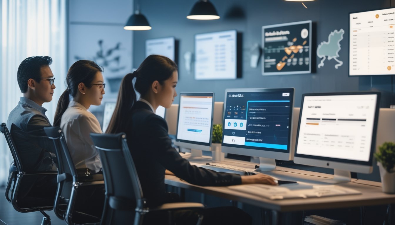 Sekelompok orang dewasa sedang bekerja di kantor dengan komputer, menampilkan suasana profesional dan fokus pada aktivitas terkait lotere online Thailand.