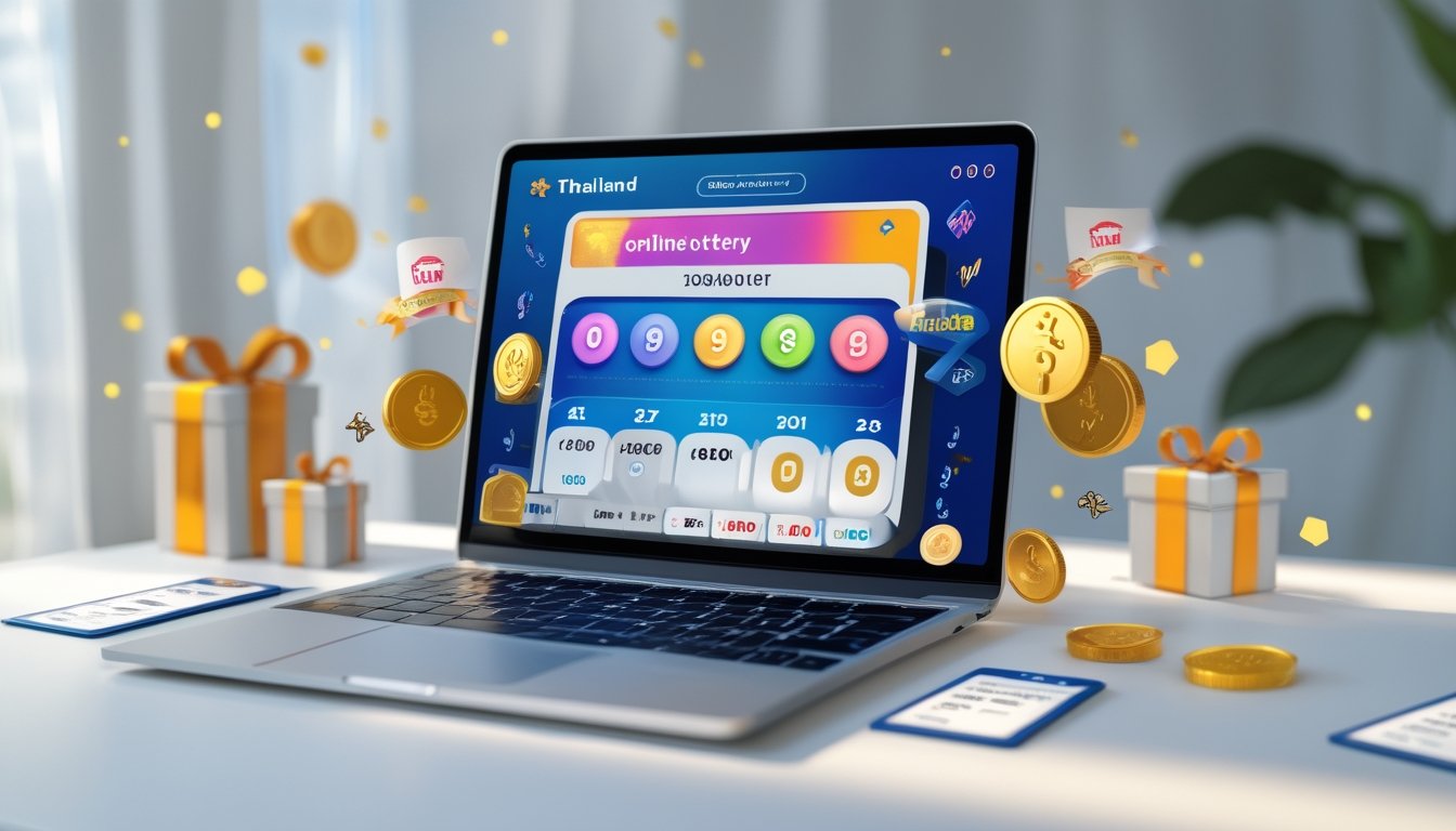Seorang pengguna sedang melihat layar perangkat digital yang menampilkan antarmuka lotere online dengan elemen hadiah dan diskon di sekitar meja kerja.