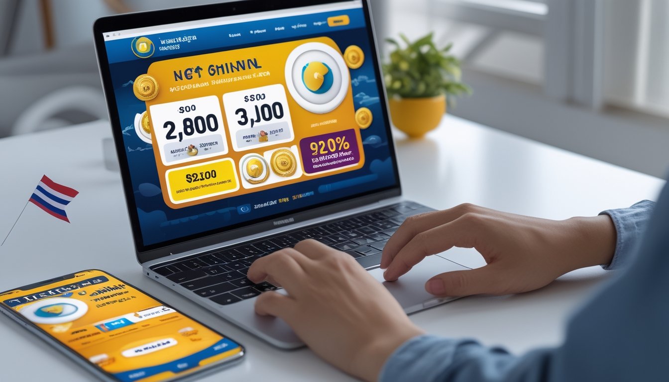 Seorang pengguna berinteraksi dengan laptop dan ponsel yang menampilkan platform togel online Thailand dengan latar belakang elemen budaya Thailand.
