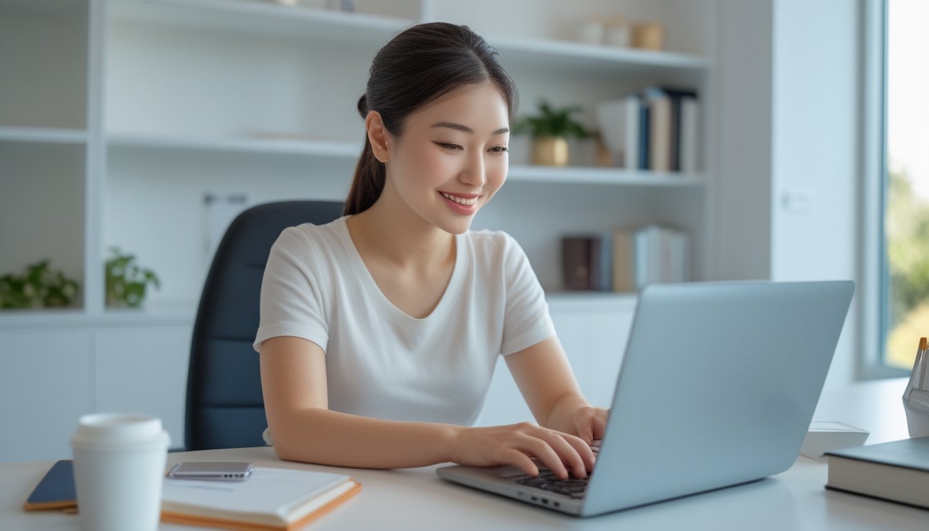 Seorang wanita muda duduk di meja kerja dengan laptop, terlihat fokus dan tersenyum di ruang kerja rumah yang rapi.