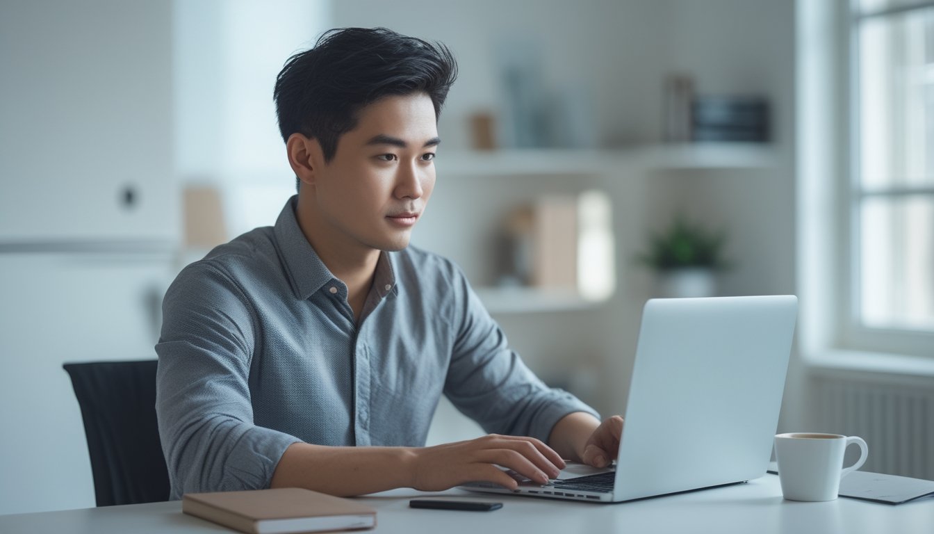 Seorang pria muda Asia duduk di meja kerja modern menggunakan laptop dengan ekspresi fokus dan percaya diri di ruang kerja rumah yang terang dan rapi.
