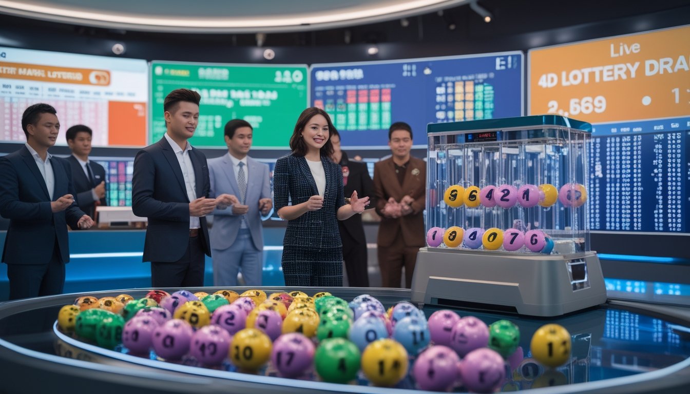 Suasana studio undian lotere 4D di Thailand dengan presenter dan mesin undian bola bernomor.
