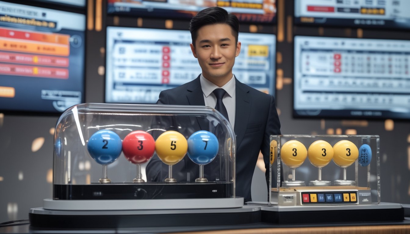 Seorang pria Asia di studio modern mengoperasikan mesin lotre lotre dengan bola bernomor, di latar belakang terdapat layar digital yang menampilkan hasil lotre dan data pasar.