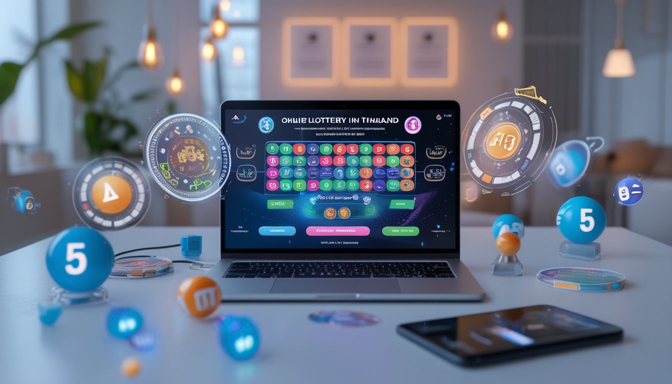 Seorang pengguna menggunakan perangkat digital dengan tampilan antarmuka lotere online yang futuristik dan elemen budaya Thailand di latar belakang ruangan yang terang dan rapi.
