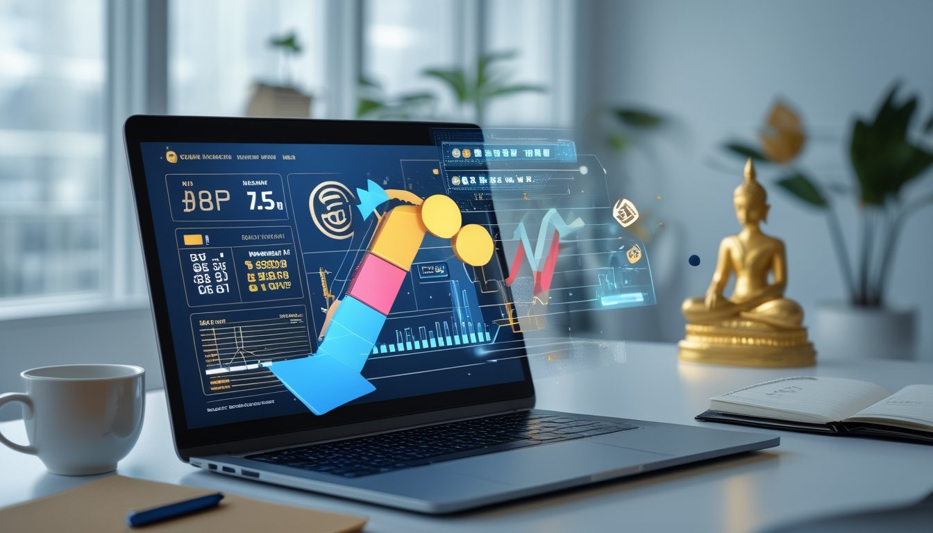 Seorang profesional menggunakan komputer di ruang kantor modern dengan elemen budaya Thailand di latar belakang, menampilkan konsep permainan togel online.