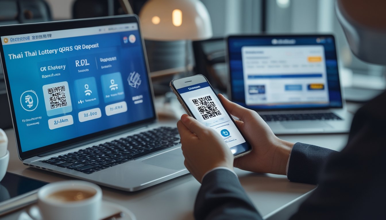 Seseorang memegang ponsel dengan kode QR di layar di meja kerja dengan laptop dan cangkir kopi, menggambarkan kemudahan transaksi deposit QRIS 24 jam.
