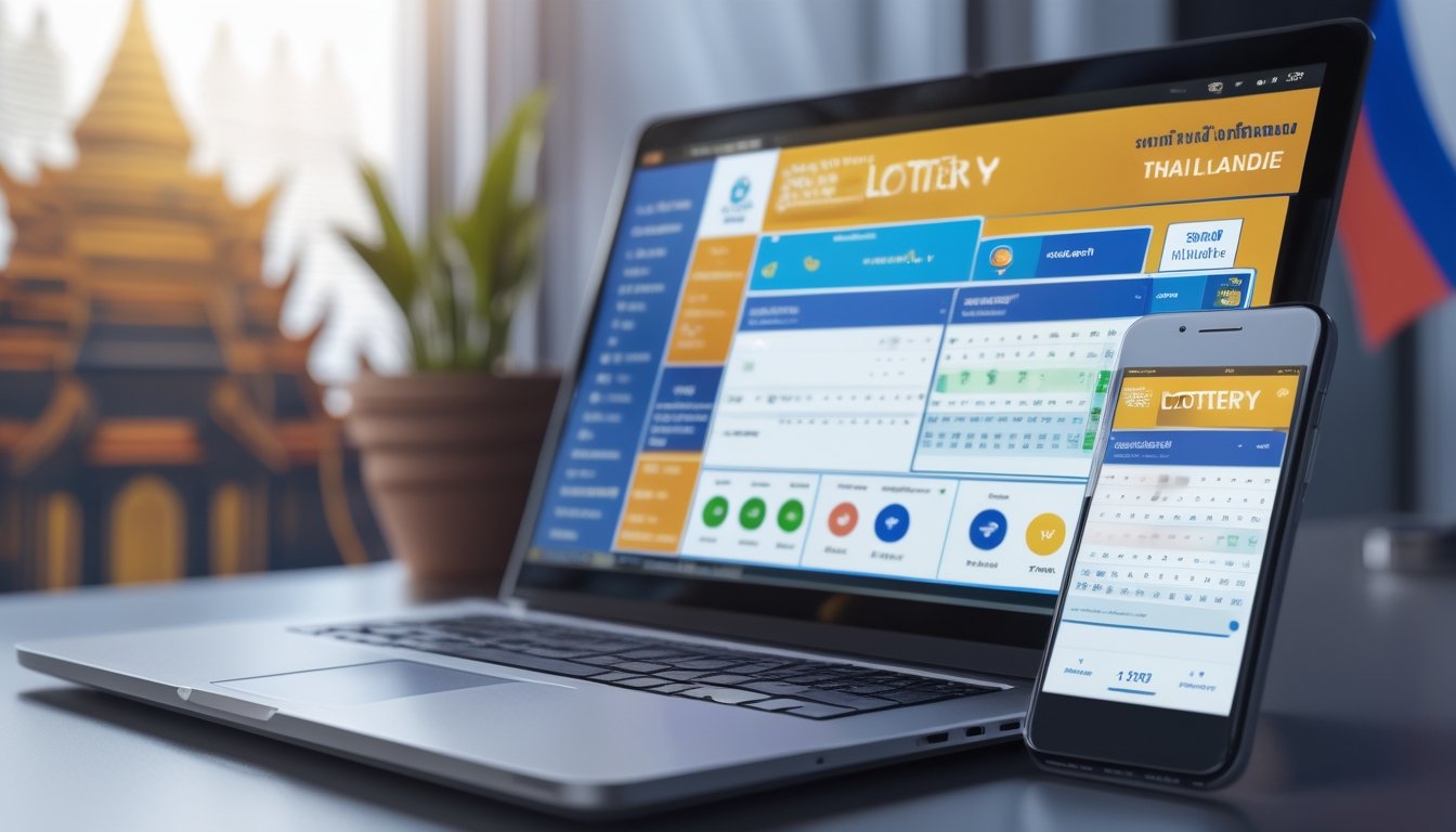 Meja kerja modern dengan laptop dan ponsel yang menampilkan angka togel dan grafik statistik, dengan latar belakang elemen khas Thailand.