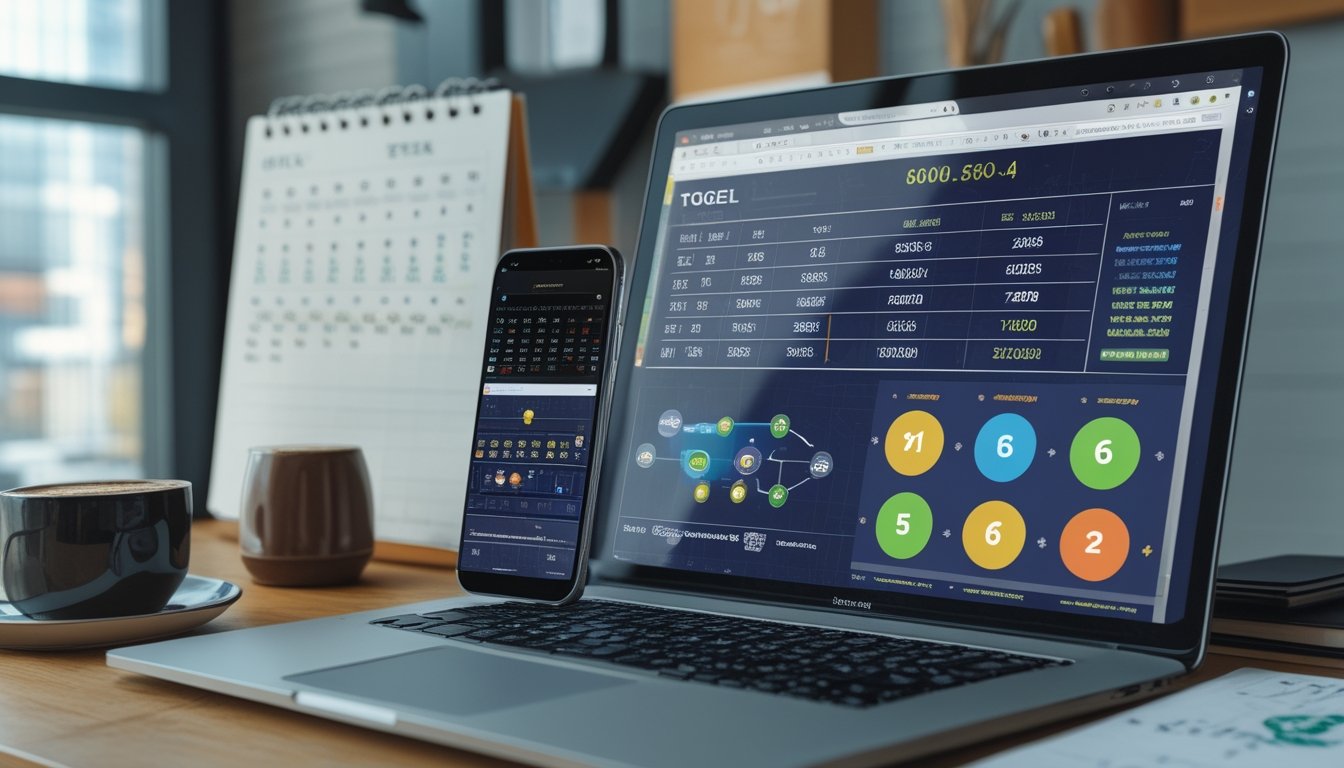 Meja kerja modern dengan laptop, ponsel, dan catatan yang menampilkan data prediksi dan hasil togel Thailand secara online.