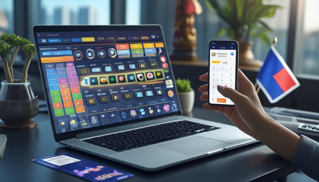Seorang pria duduk di depan laptop dengan layar menampilkan antarmuka lotere online, di meja terdapat ponsel yang menunjukkan hasil kemenangan, dengan dekorasi kecil bertema Thailand di latar belakang.
