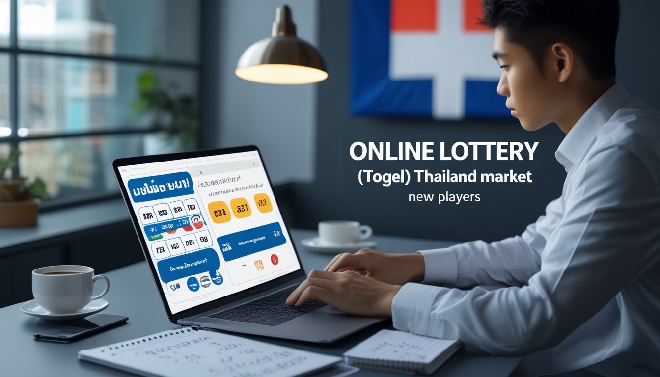 Seorang pemain muda sedang menggunakan laptop di meja kerja dengan tampilan aplikasi togel online dan latar belakang motif Thailand.