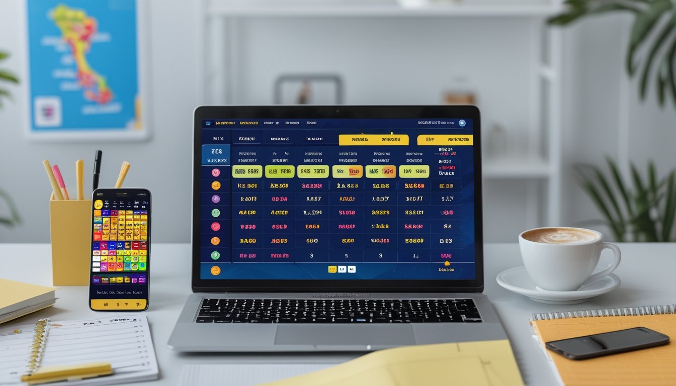 Meja kerja dengan laptop yang menampilkan layar permainan togel online Thailand, ponsel, catatan, dan cangkir kopi di ruangan yang terang dan rapi.