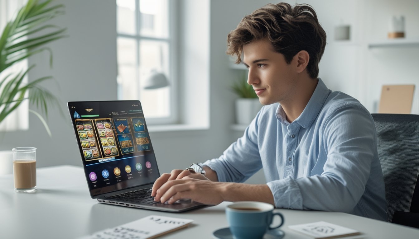 Seorang pemula bermain permainan slot online di laptop di meja kerja rumah dengan suasana cerah dan nyaman.
