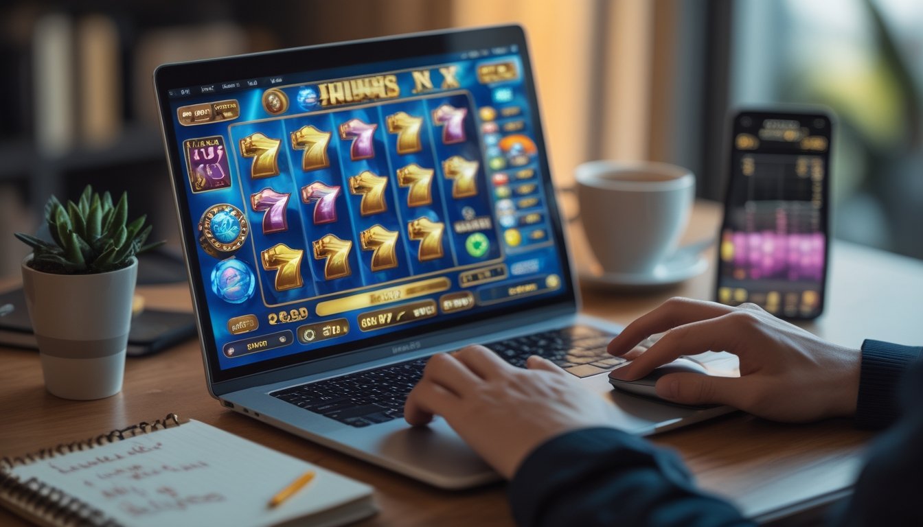 Seorang pemuda duduk di depan laptop yang menampilkan permainan slot online dengan ekspresi fokus dan antusias di sebuah ruang kerja yang terang.