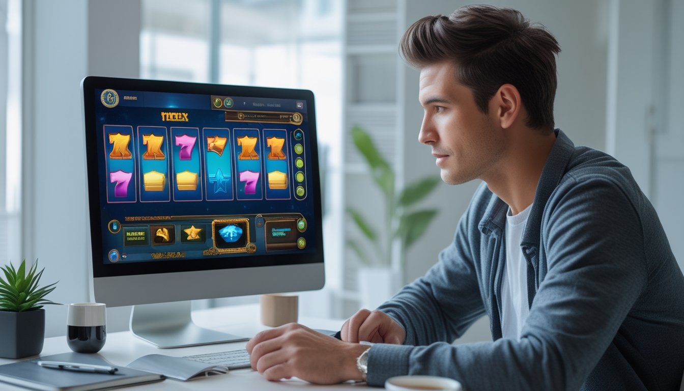 Seorang pria muda duduk di meja dengan laptop yang menampilkan permainan slot online, tampak fokus dan tenang di ruangan yang terang dan rapi.