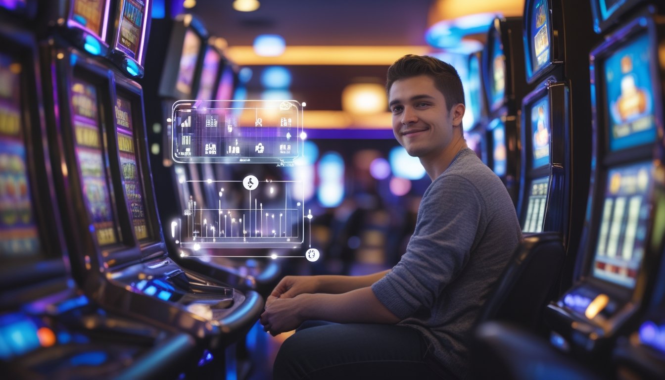 Seorang pria muda duduk di kasino modern sedang bermain mesin slot dengan ekspresi fokus dan percaya diri.
