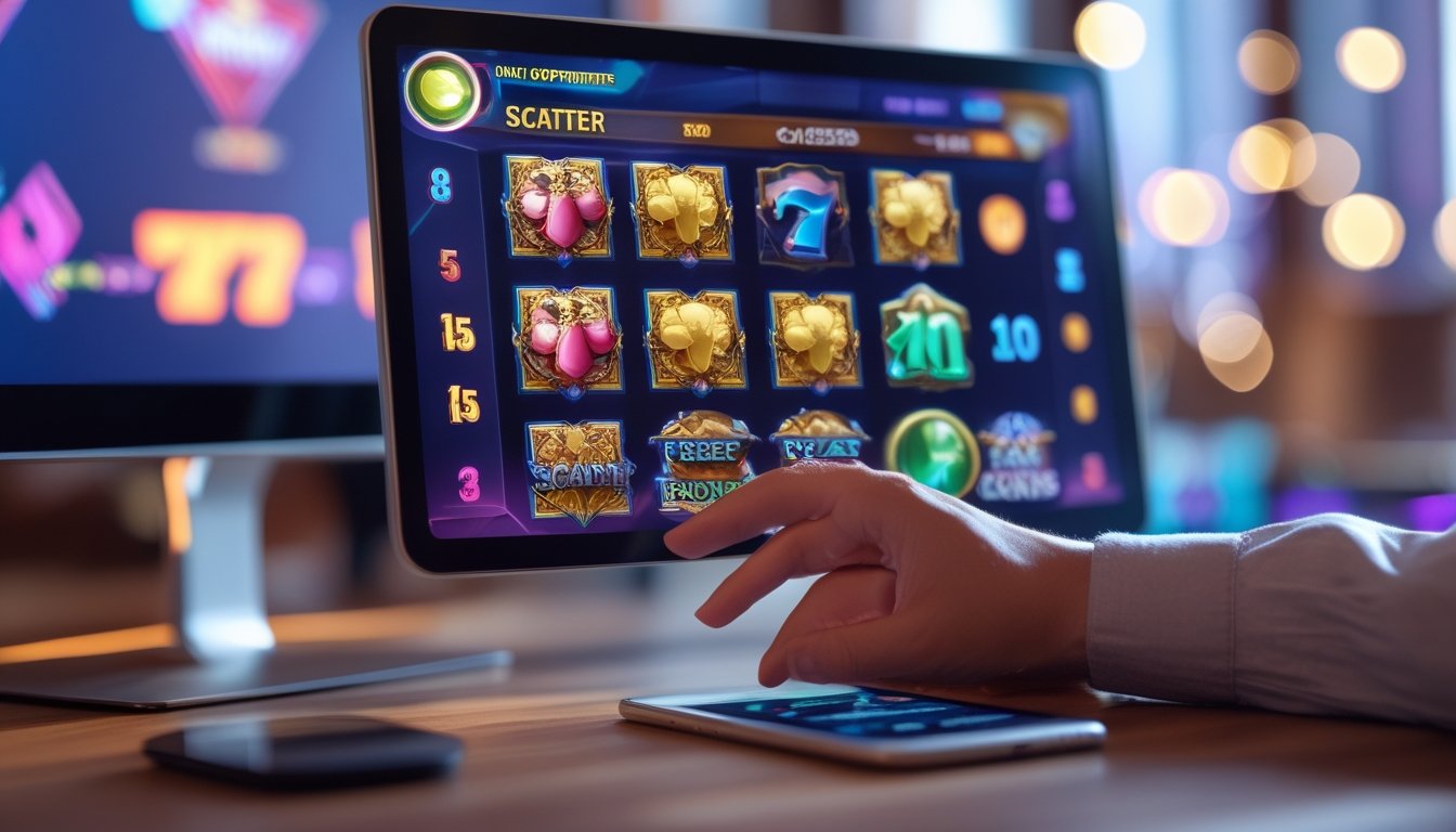 Seseorang menggunakan ponsel dan komputer dengan tampilan permainan slot online di meja kayu.