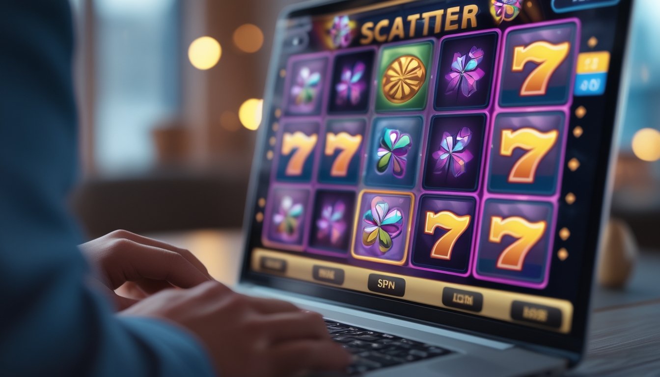 Tangan yang sedang menggunakan laptop dengan tampilan permainan slot online yang menampilkan simbol scatter dan putaran gratis.