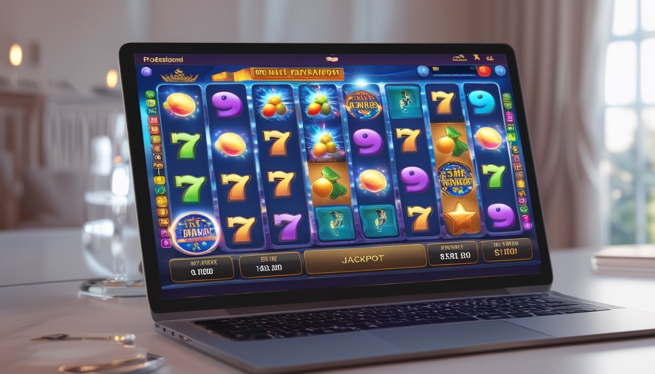 Tampilan layar permainan slot online dengan simbol warna-warni dan efek perayaan jackpot.