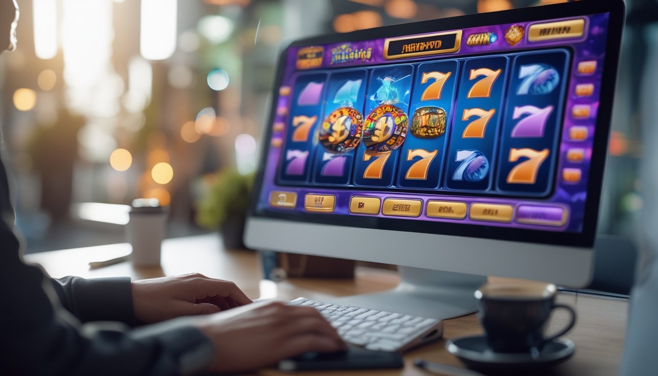 Layar komputer menampilkan permainan slot online dengan simbol jackpot dan gulungan berputar, dikelilingi oleh smartphone, cangkir kopi, dan buku catatan di atas meja.
