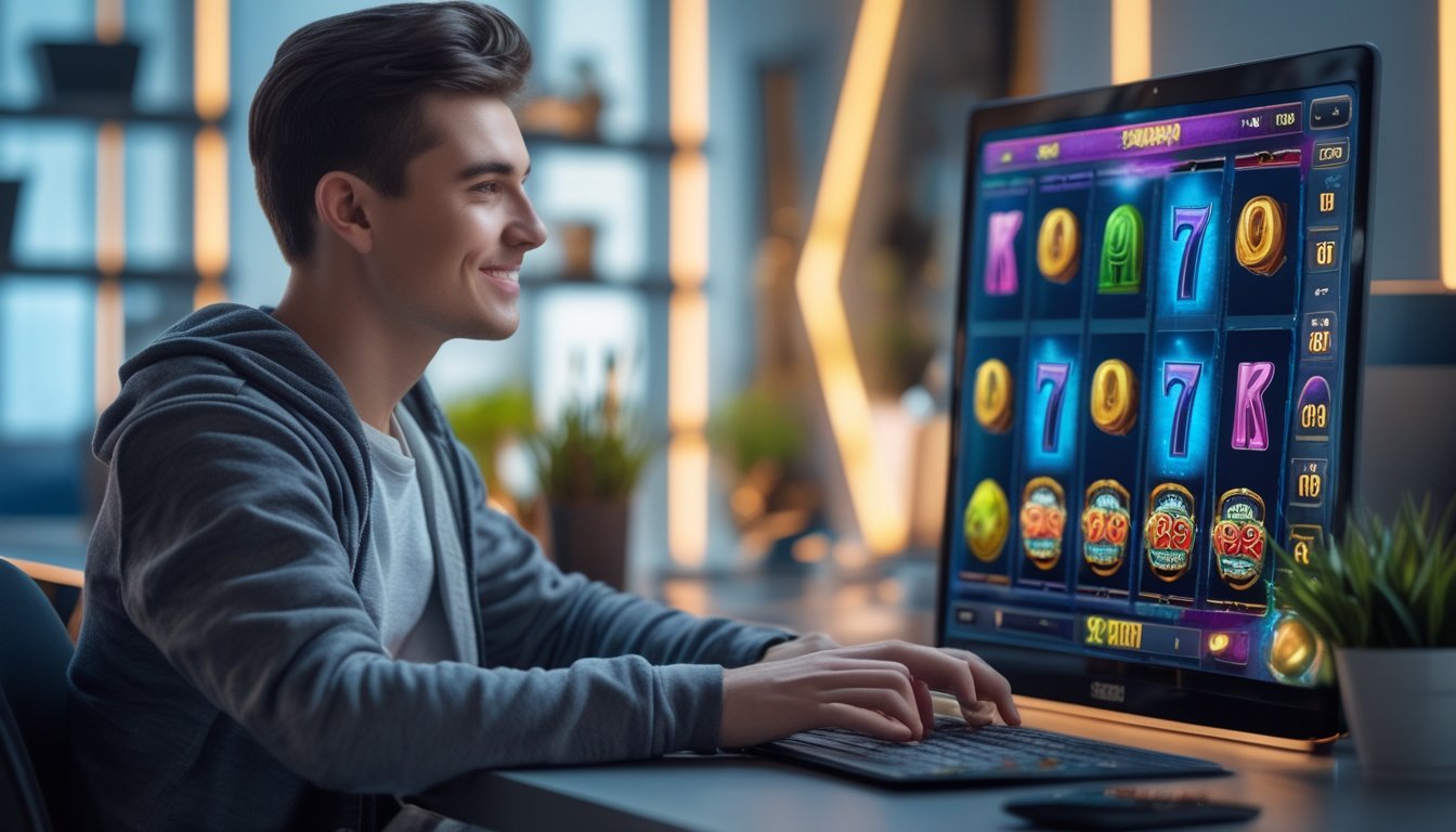 Seorang pria muda duduk di depan laptop bermain game slot online dengan fokus dan senyum kecil di ruangan yang rapi dan terang.