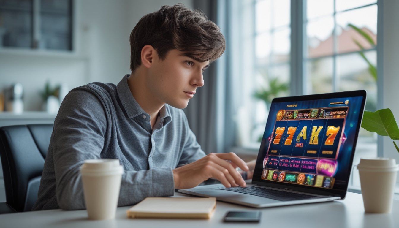 Seorang pria muda duduk di depan laptop sedang bermain permainan slot online dengan fokus di sebuah ruangan yang terang dan nyaman.