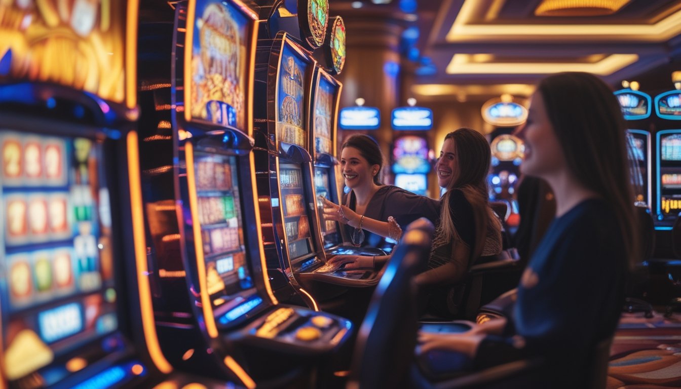 Interior kasino dengan mesin slot berwarna-warni dan beberapa pemain yang sedang bermain dengan ekspresi senang dan antusias.