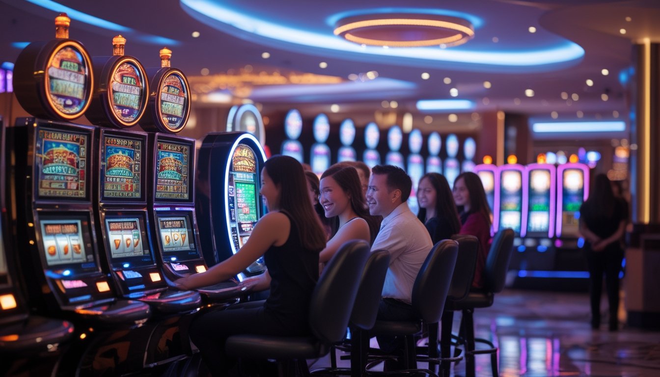 Area mesin slot di kasino dengan beberapa pemain yang fokus dan bersemangat bermain pada mesin yang berwarna-warni dan menyala.