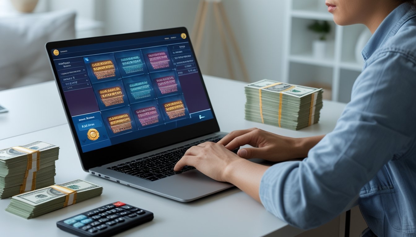 Seseorang sedang mengatur uang dan bermain permainan slot online di laptop di ruang kerja yang rapi.