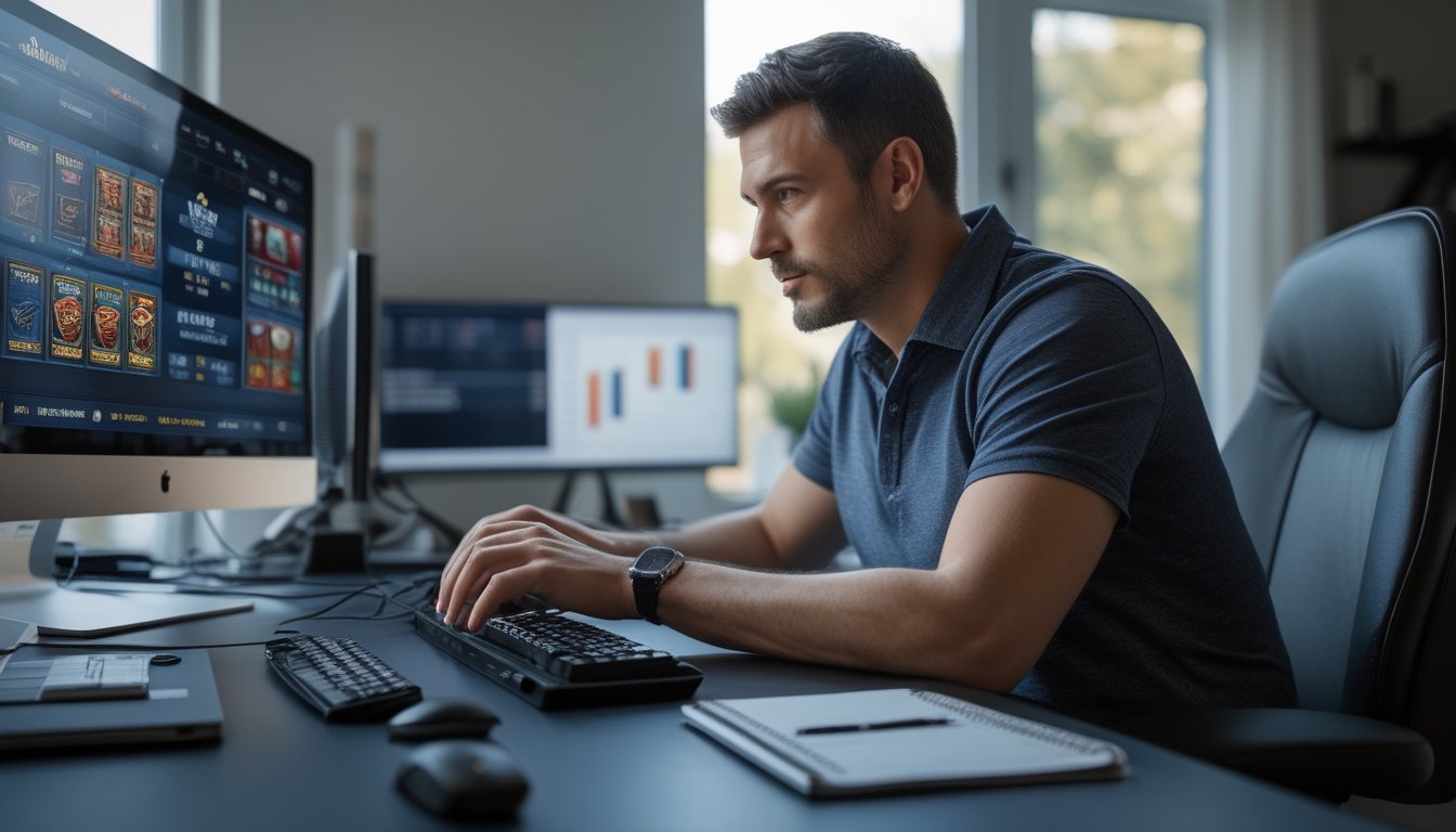 Seorang pria dewasa fokus bermain slot online di depan komputer dengan suasana ruang kerja yang rapi dan pencahayaan alami.
