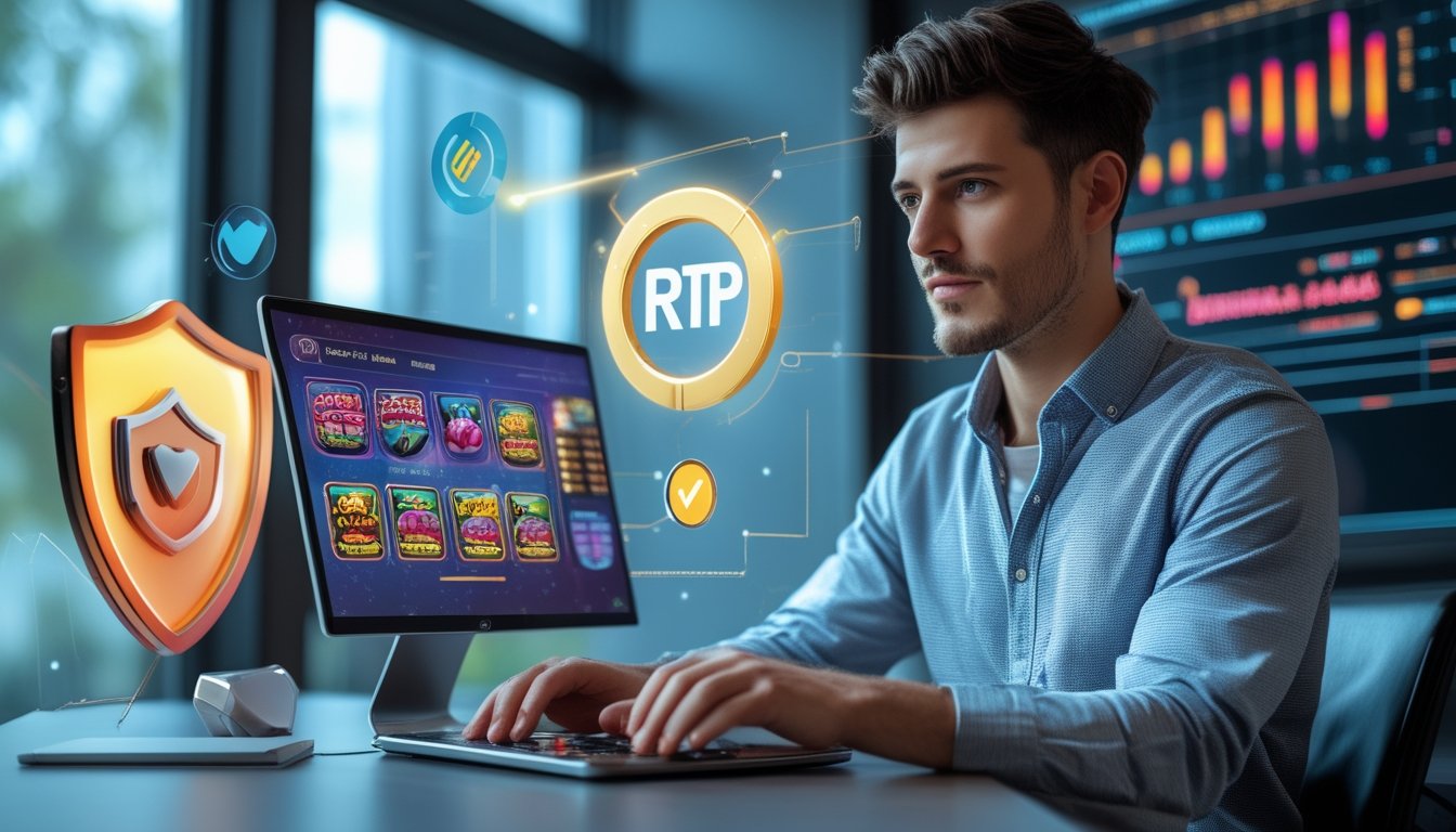 Seorang pria muda duduk di depan laptop dengan tampilan permainan slot online di layar, dikelilingi oleh simbol kepercayaan dan teknologi.