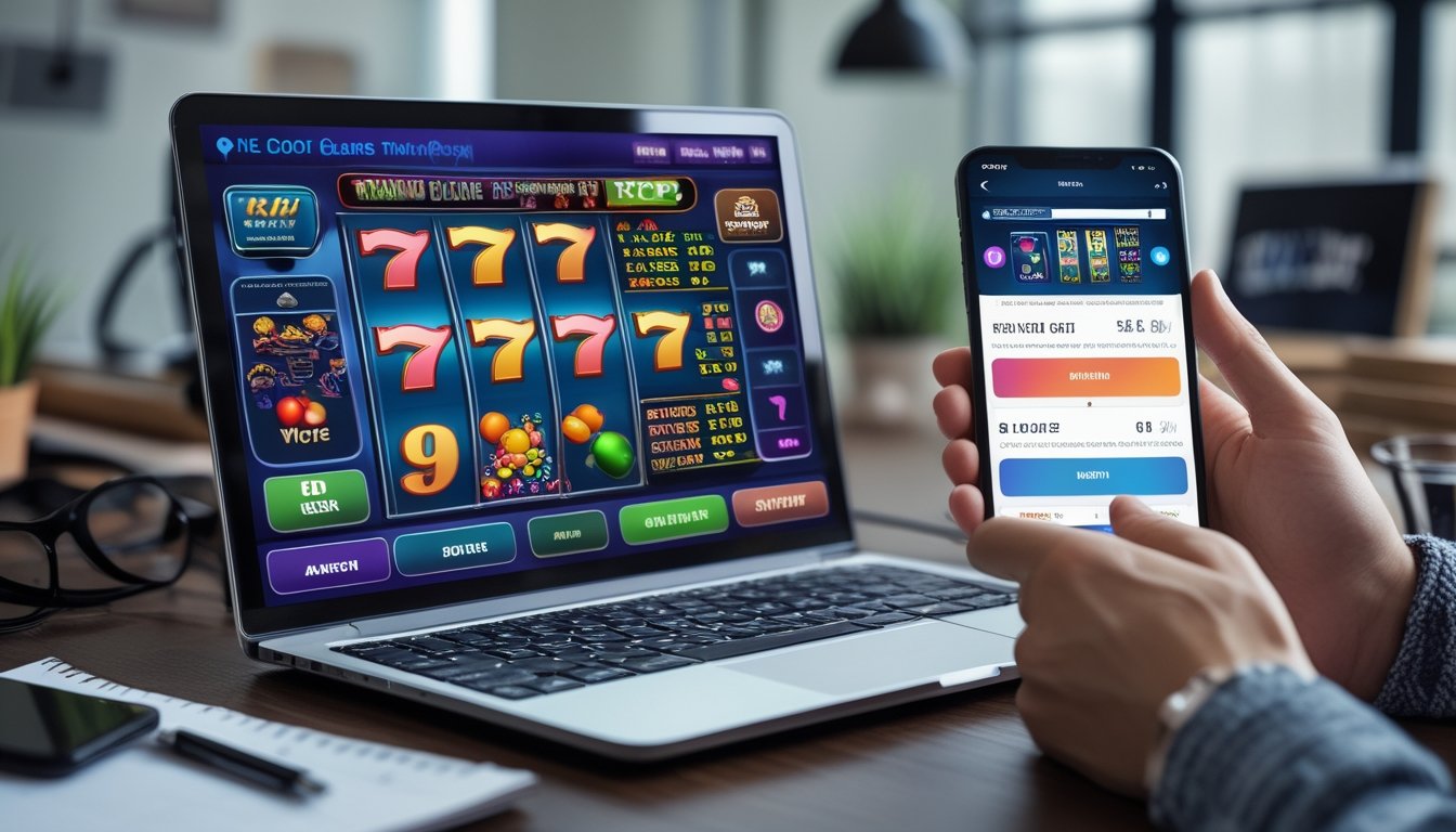 Seorang pengguna sedang melihat situs slot online terpercaya dengan RTP tinggi di laptop dan ponsel di meja kerja yang rapi.