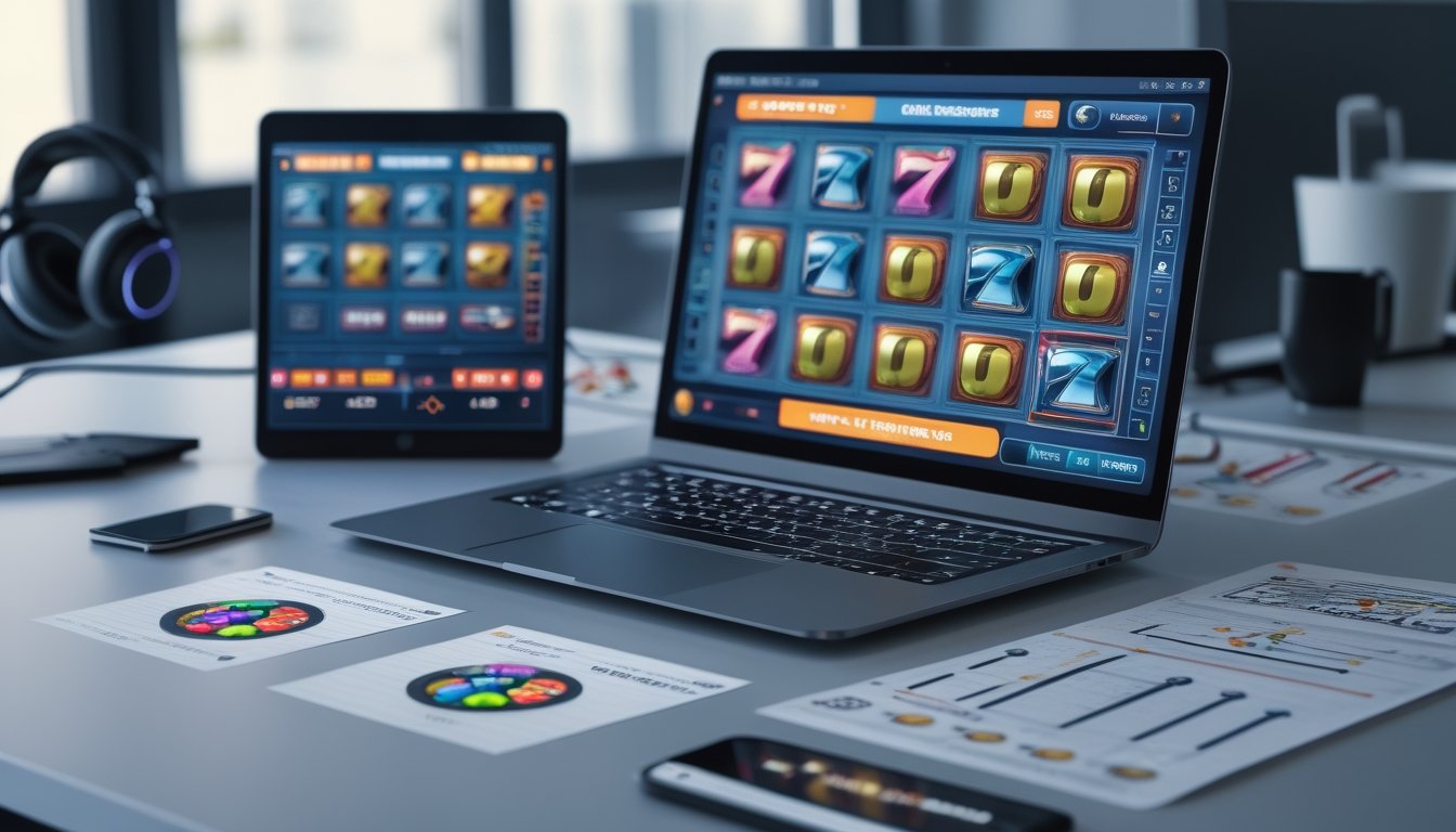 Seorang pria duduk di depan laptop dan smartphone yang menampilkan permainan slot online, dengan catatan dan grafik pola putaran di meja kerja.